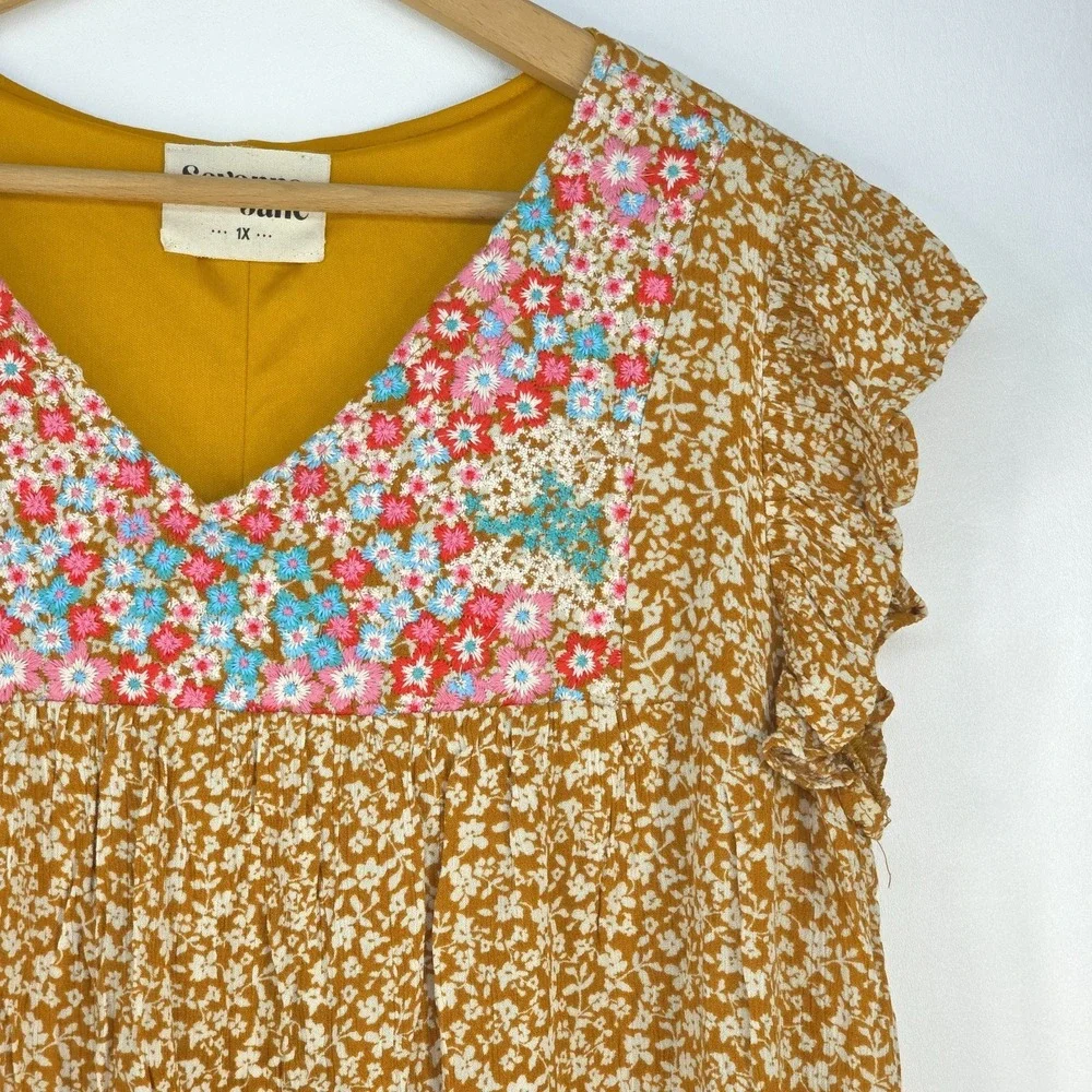 Savannah Jane Flutter Sleeve Blouse 1X Embroidered Floral Cottage Peasant Boho - Picture 8 of 14